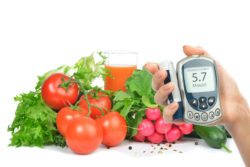 Fruits, vegetables, and a glucometer