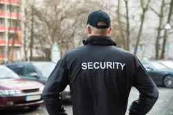 A security guard watches a parking lot.