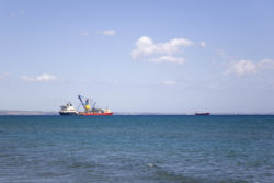 Cargo ship on the horizon