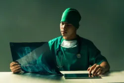 Doctor looks at hip xray