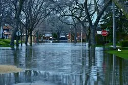 Flood waters fill a neighborhood street.