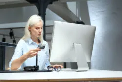 A woman is banking online.