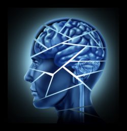 Fractured brain image on blue