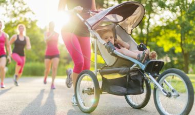 mom running with Britax jogging stroller