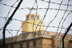 Barbed wire with tower in the background