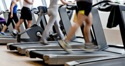 People running on treadmills in a health club