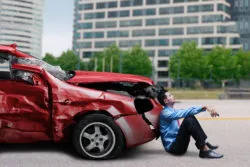 A man waits in front of a damaged car.