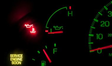 dash with no oil pressure and service engine light on, fuel gage, and oil gage