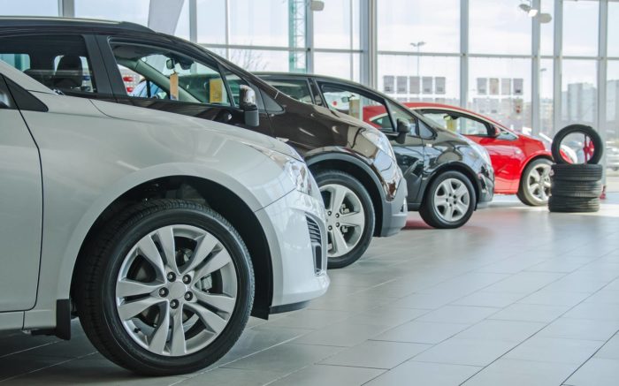 Cars in a row in a car dealership