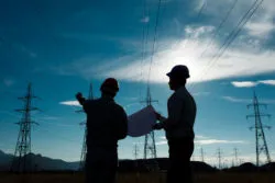 Two workers stand beneath power lines.