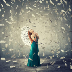 woman surrounded with settlement money