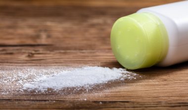 Close-up Of Spilled Talcum Powder On Wooden Desk
