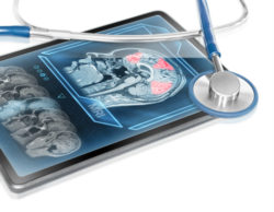 MRI images on tablet with stethoscope