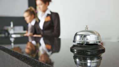 Hotel lobby with two receptionists