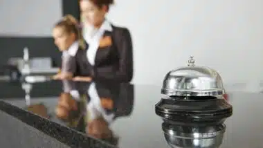 Hotel lobby with two receptionists
