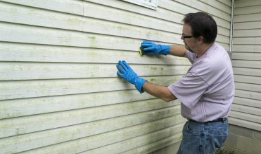 Man cleaning mold off vinyl siding