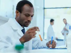 A scientists studies a test tube.
