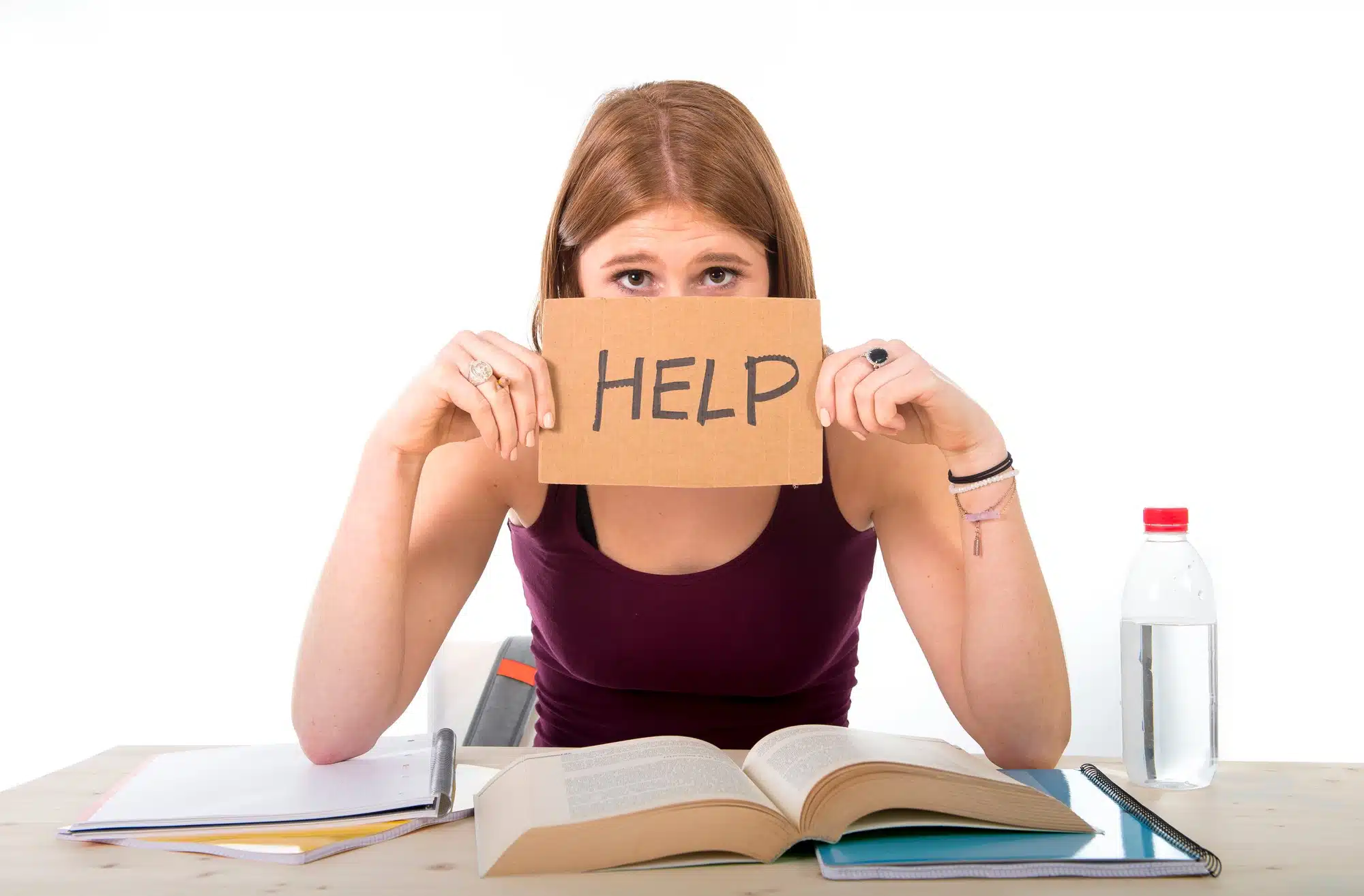 female student holding help sign after failure to refund