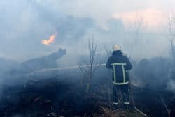 Firefighter in heavy smoke sprays water on a wildfire
