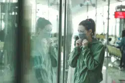 girl with mask looking out airport window