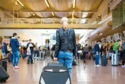 A woman pulls a carryon through an airport.