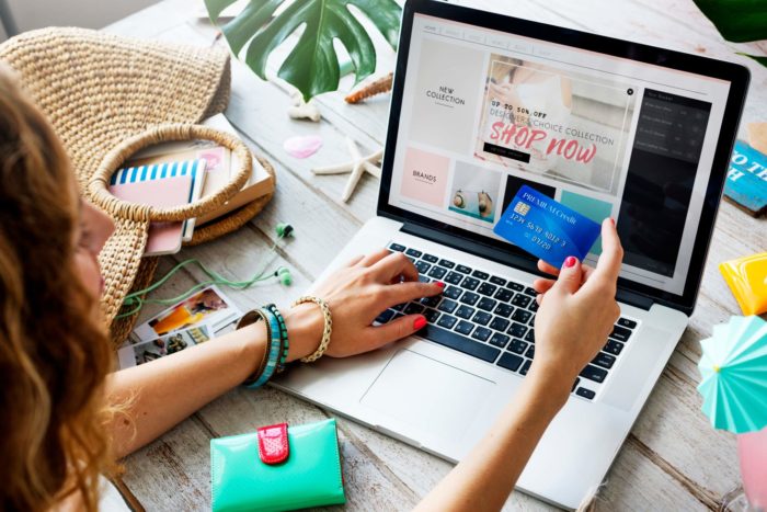 woman online shopping on Overstock.com