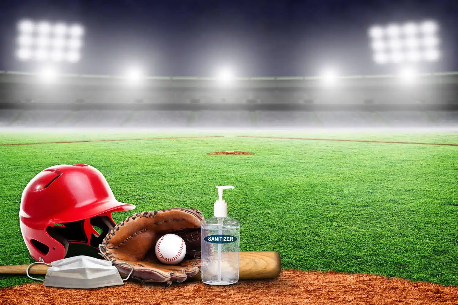 Graphic of red baseball helmet, glove, ball, bat, medical face mask, and hand sanitizer sitting on field in empty stadium