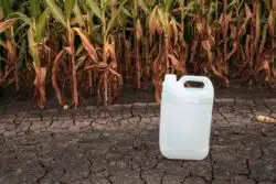 Empty herbicide bottle in a corn field