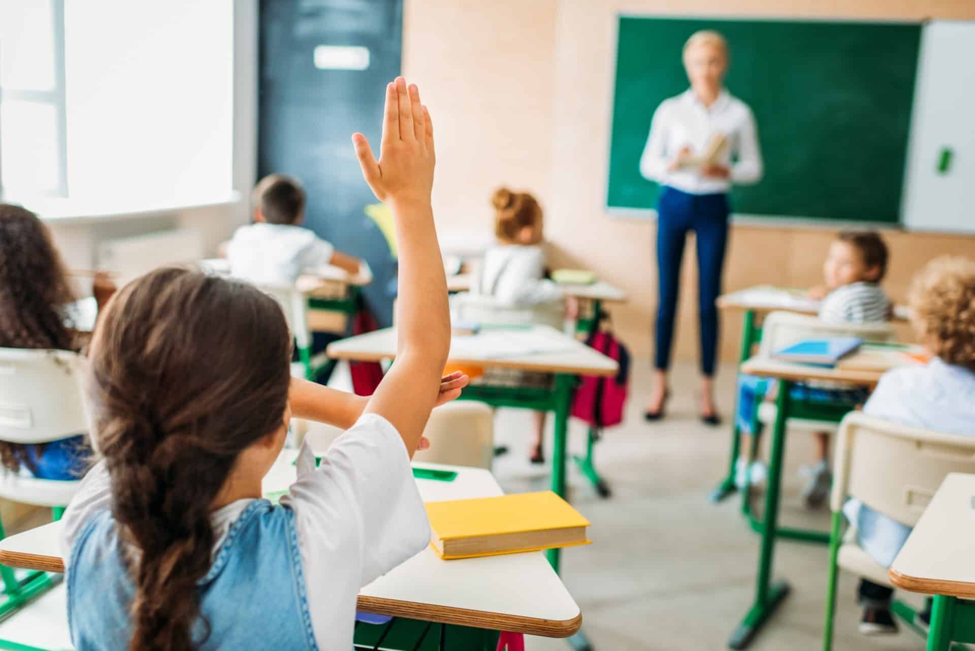 Back of girl raising hand in class