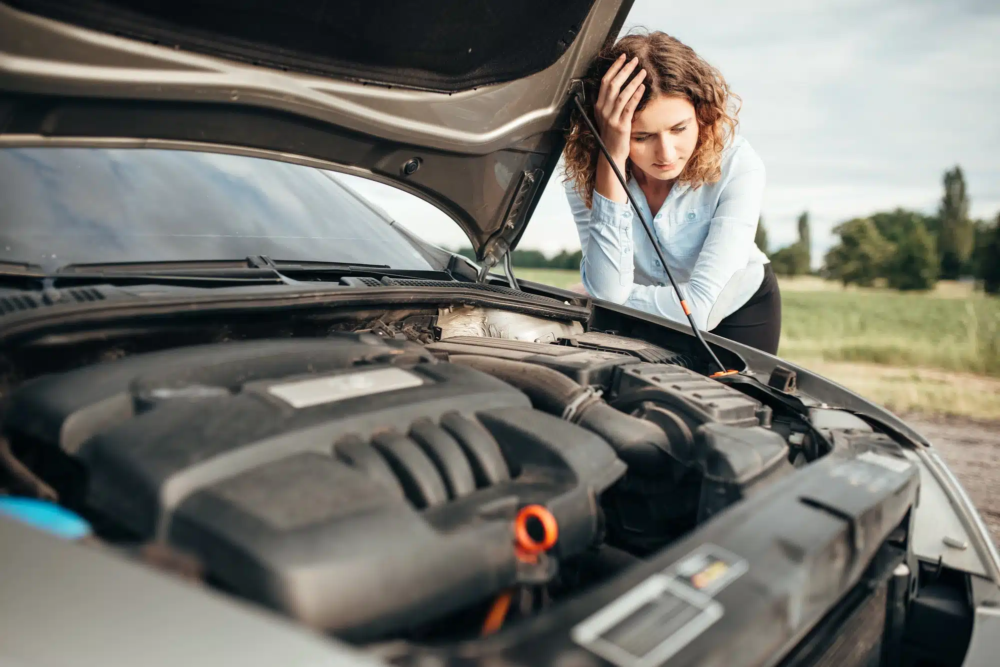 Woman and broken down vehicle
