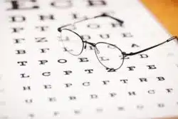 Pair of eyeglasses resting on eye chart