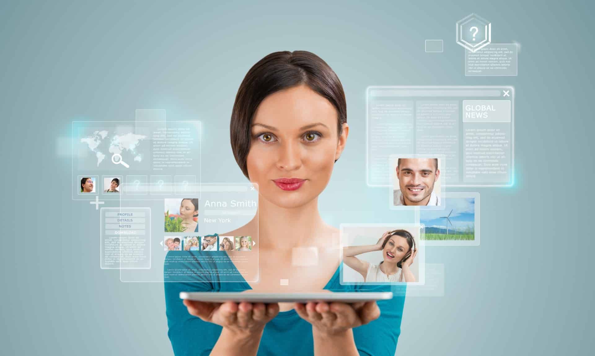Woman holds tablet with various images projected above - zoosk app