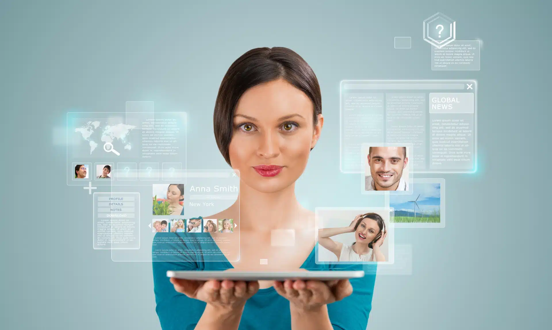 Woman holds tablet with various images projected above - zoosk app