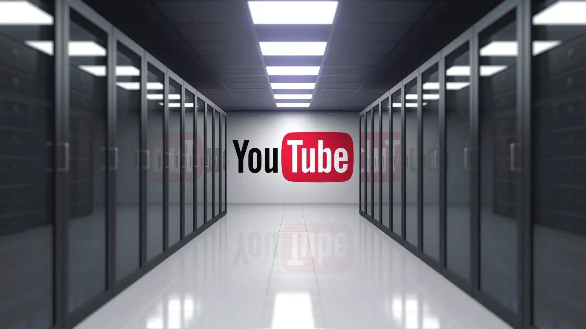 Server room with YouTube logo on far wall