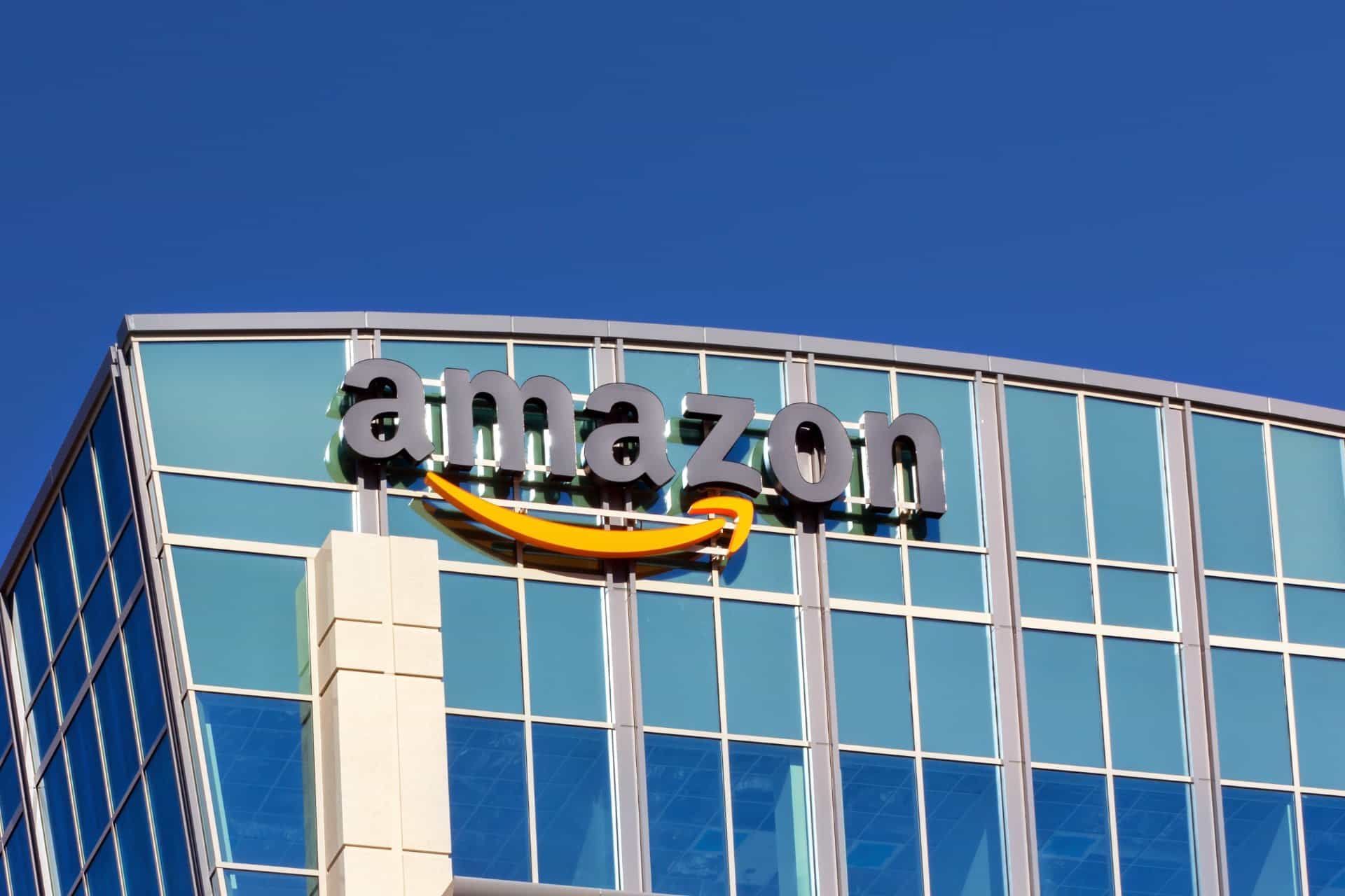 Amazon sign on glass office building - Amazon products