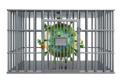 3D illustration of a coronavirus in a jail cell - social distancing