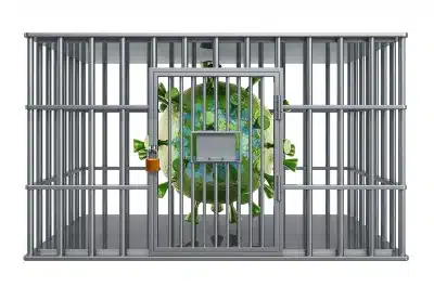 3D illustration of a coronavirus in a jail cell - social distancing