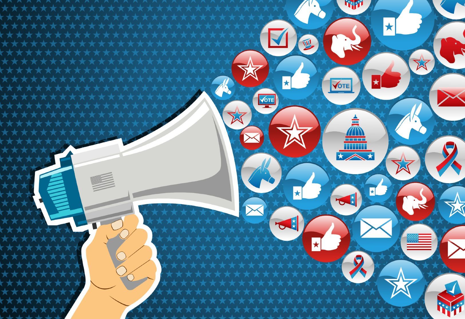 Illustration of a hand holding a megaphone with political and social media-style icons coming out - trump social media order