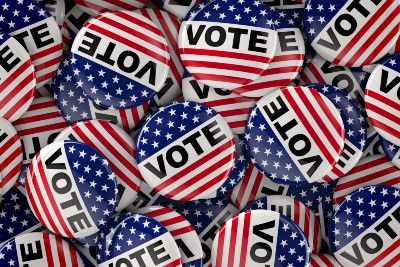 Red-white-and-blue "vote" buttons - voting by mail