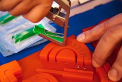 Demonstration of surgical stapler on silicone sample
