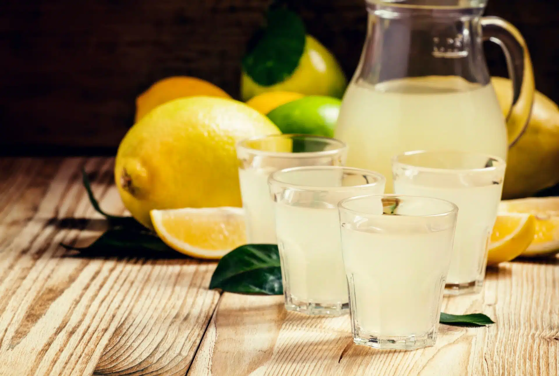 Lemonade in a pitcher and four glasses, surrounded by lemons - True Lemon