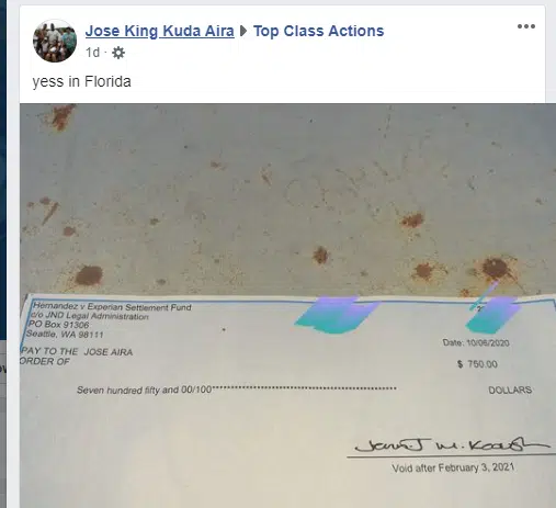 Credit Reporting Agency class action settlement check