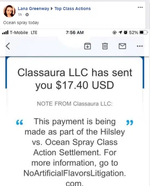 TCA viewers are reporting payouts in the Ocean Spray class action settlement