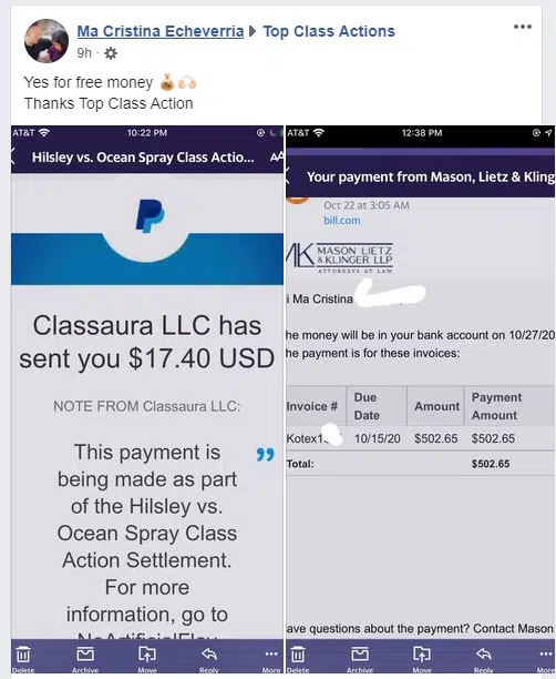 TCA viewers are reporting payouts in the Ocean Spray class action settlement