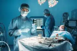 Patient on operating room table with two doctors in room