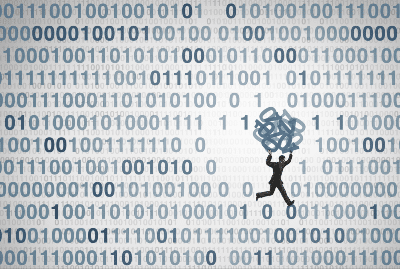 A graphic of a little man running off with digital data - data breach