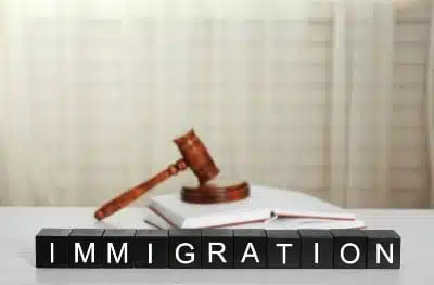 Black letter blocks with white letters that read "immigration" sit in front of a gavel - uscis