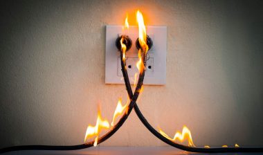 Two crossed power cords on fire, plugged into a wall outlet - extension cord