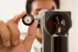 Doctor looks through eye exam machine