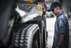 Male truck driver checks load